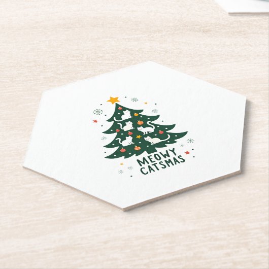 Meowy Catmas met kerstkerstbomen en kerstmis Funny Kartonnen Onderzetters (Schuin)