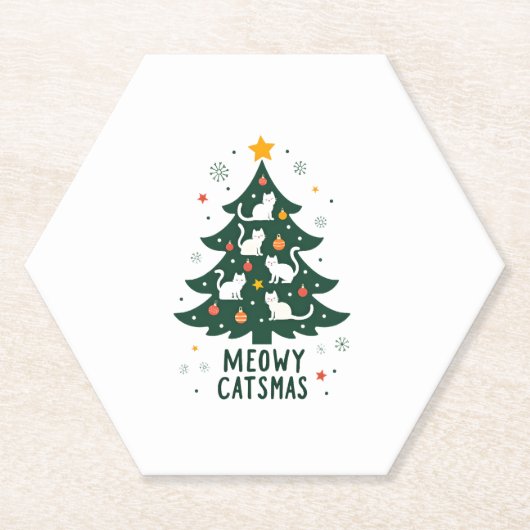 Meowy Catmas met kerstkerstbomen en kerstmis Funny Kartonnen Onderzetters (Voorkant)