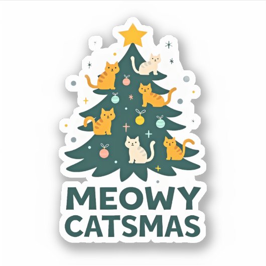 Meowy Catmas met kerstkerstbomen en kerstmis Funny Sticker (Voorkant)