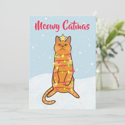 Meowy catmas pun grappige kerstlichten voor katten feestdagenkaart (Staand voorkant)