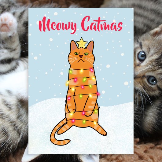 Meowy catmas pun grappige kerstlichten voor katten feestdagenkaart