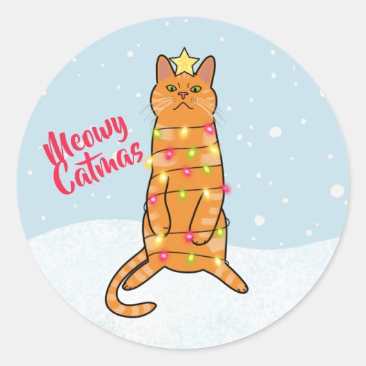 Meowy catmas pun grappige kerstlichten voor katten ronde sticker (Voorkant)