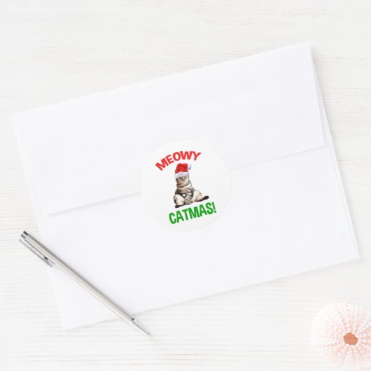 Meowy Catmas. Ronde Sticker (Envelop)