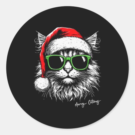 Meowy Catmas Santa Hat Cute Cat Christmas Pajamas  Ronde Sticker (Voorkant)