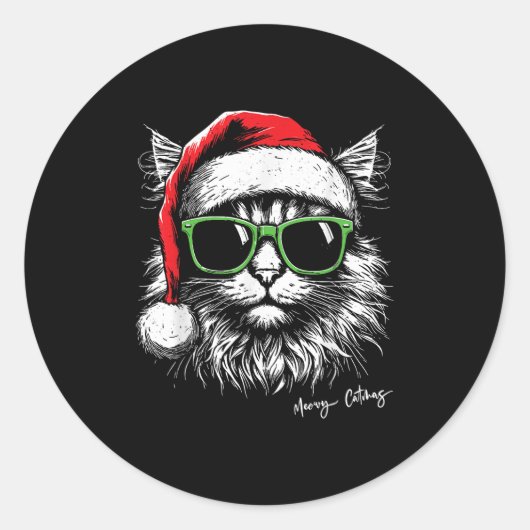 Meowy Catmas Santa Hat Cute Cat Christmas Pajamas  Ronde Sticker (Voorkant)