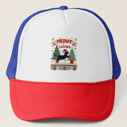 Meowy Catmas, Ugly Christmas Sweater, Cat Christma Trucker Pet (Voorkant)