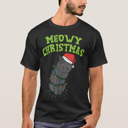 Meowy Catmas Zwart Kat Grappig Kerstmis Kat Ow T-shirt (Voorkant)