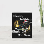 Meowy Christmas Black Cat Funny Santa Hat Happy Ne Kaart (Voorkant)