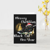 Meowy Christmas Black Cat Funny Santa Hat Happy Ne Kaart (Gele Bloem)