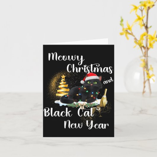 Meowy Christmas Black Cat Funny Santa Hat Happy Ne Kaart (Gele Bloem)