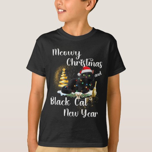 Meowy Christmas Black Cat Funny Santa Hat Happy Ne T-shirt (Voorkant)