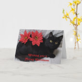 Meowy Christmas Black Cat Red Poinsettias Foto Kaart (Gele Bloem)