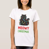 Meowy Christmas Black Cat with Lights T-shirt (Voorkant)
