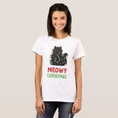 Meowy Christmas Black Cat with Lights T-shirt (Voorkant volledig)