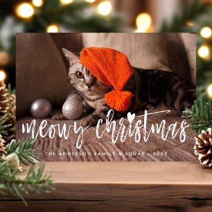 Meowy Christmas Brush Script Modern Pet Cat Photo Feestdagenkaart