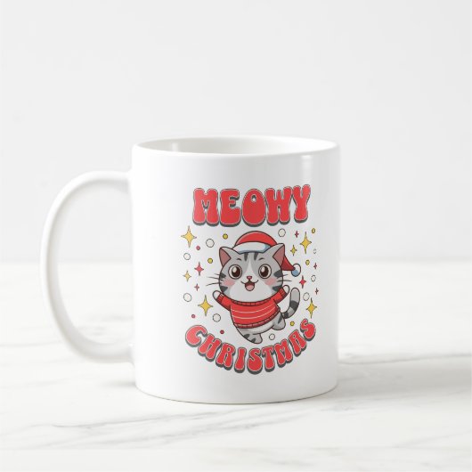 Meowy Christmas Cat Cute Festive Feline Kitten Koffiemok (Links)