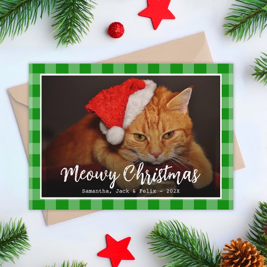 Meowy Christmas Cat Foto & Script op Green Plaid Feestdagenkaart