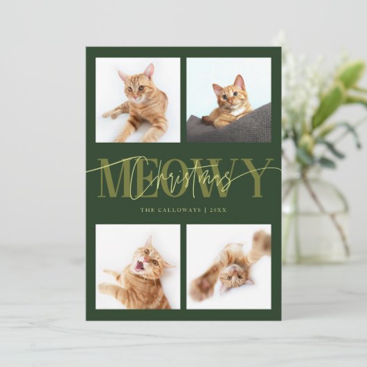 Meowy Christmas Cat Foto's Groene Kerst Feestdagenkaart (Staand voorkant)
