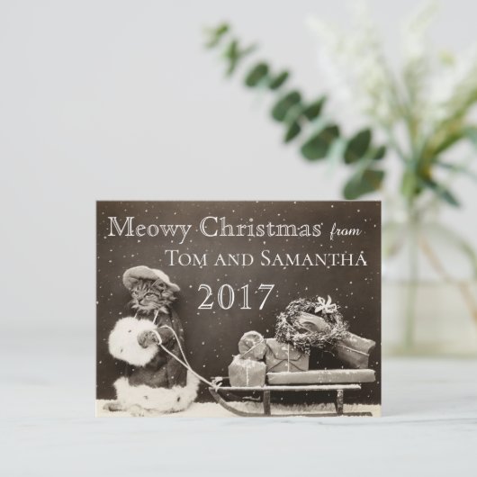 Meowy Christmas  Cat Funny Christmas Feestdagenkaart (Staand voorkant)