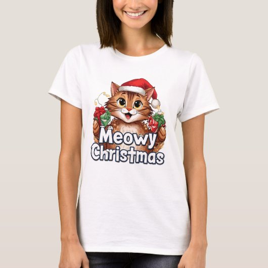 Meowy Christmas Cat . Funny Holiday Tee T-shirt (Voorkant)