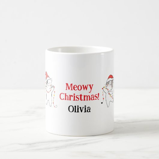Meowy Christmas Cat Mok – Aangepaste naam Holiday (Center)