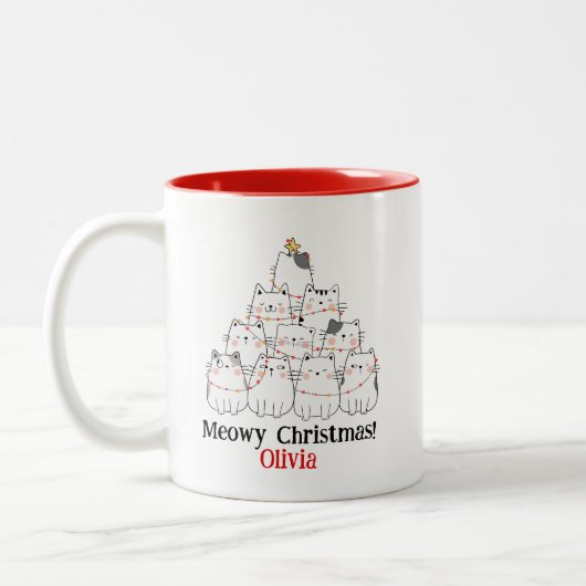 Meowy Christmas Cat Tree Mok – Custom Name Holiday (Links)