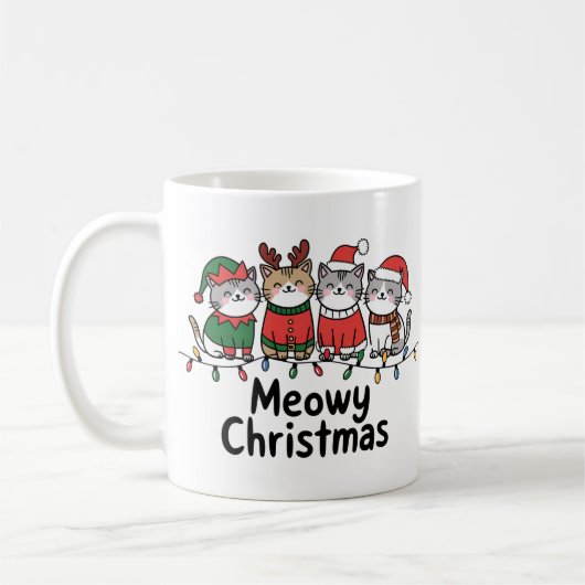 Meowy Christmas Cats with Lights Funny Holiday Koffiemok (Links)