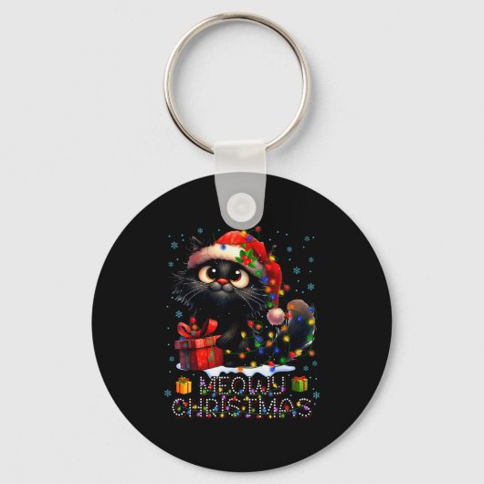Meowy Christmas Cute Black Cat Christmas Xmas Wome Sleutelhanger (Voorkant)