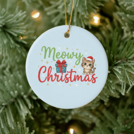 Meowy Christmas - Cute Cat & Gift Box Holiday Keramisch Ornament
