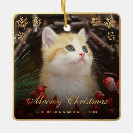 Meowy Christmas Cute Cat Pet Photo Faux Gold Foil Keramisch Ornament (Voorkant)