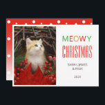 Meowy Christmas Cute Cat Photo Animal Lovers Pet  Feestdagenkaart<br><div class="desc">A photo Christmas card for cat lovers. It has on the left a placeholder photo of a cute ginger kitten among red and green Christmas decorations. On the right there is the text: "Meowy Christmas" in big caps, and the names of the family and the cat in smaller black letters...</div>