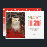 Meowy Christmas Cute Cat Photo Animal Lovers Pet  Feestdagenkaart<br><div class="desc">A photo Christmas card for cat lovers. It has on the left a placeholder photo of a cute ginger kitten among red and green Christmas decorations. On the right there is the text: "Meowy Christmas" in big caps, and the names of the family and the cat in smaller black letters...</div>