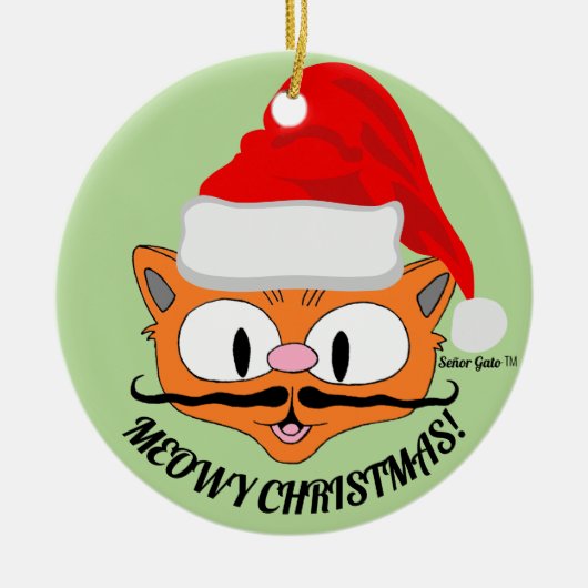 "MEOWY CHRISTMAS" Cute Mustache Cat Festive Keramisch Ornament (Voorkant)
