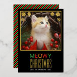 Meowy Christmas Cute Pet Cat Photo & Snowflakes  Folie Feestdagenkaart<br><div class="desc">A foil photo Christmas card for cat lovers. It has in the upper part a placeholder photo of a cute ginger kitten among red and green Christmas decorations. The photo is in a gold foil frame, with snowflakes in the upper corners, also from gold foil. In the lower part there...</div>