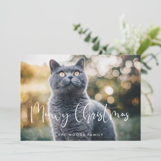Meowy Christmas Elegant Kalligrafie Kattenfoto Feestdagenkaart
