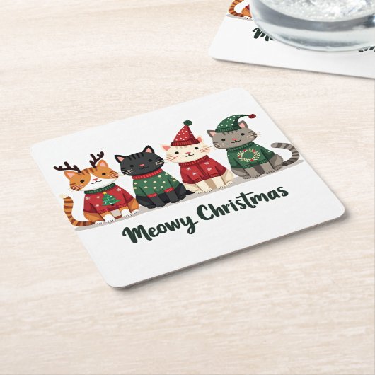 Meowy Christmas Four Cats Kartonnen Onderzetters (Schuin)