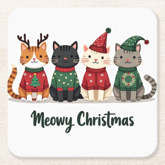 Meowy Christmas Four Cats Kartonnen Onderzetters (Voorkant)