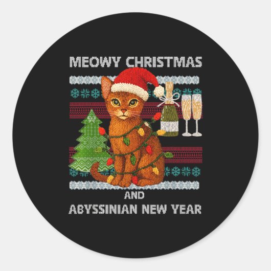 Meowy Christmas Funny Abyssinian Cat Santa Hat Ugl Ronde Sticker (Voorkant)