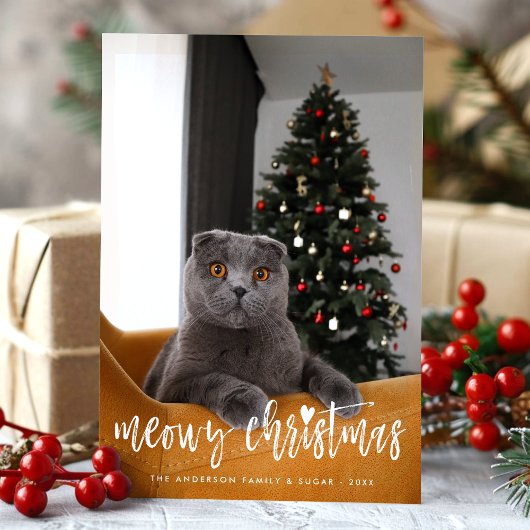 Meowy Christmas Funny Modern Script Pet Cat Photo Feestdagenkaart