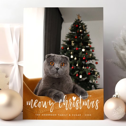 Meowy Christmas Funny Modern Script Pet Cat Photo Feestdagenkaart