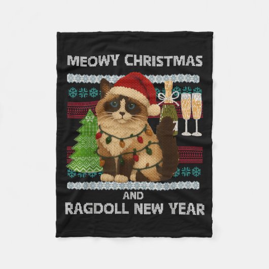 Meowy Christmas Funny Ragdoll Cat Santa Hat Ugly S Fleece Deken (Voorkant)