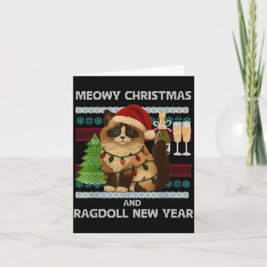 Meowy Christmas Funny Ragdoll Cat Santa Hat Ugly S Kaart (Voorkant)
