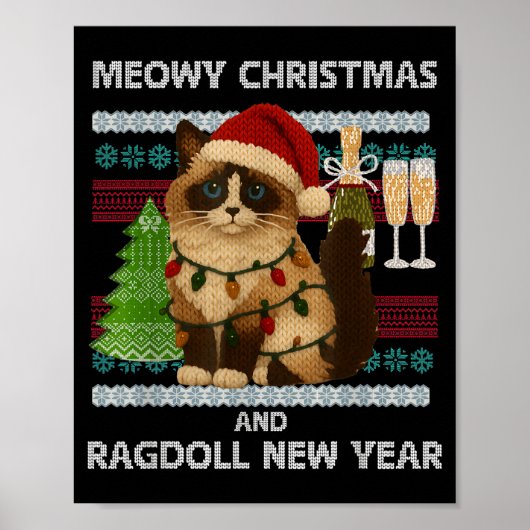 Meowy Christmas Funny Ragdoll Cat Santa Hat Ugly S Poster (Voorkant)
