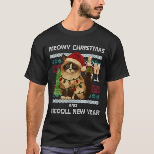Meowy Christmas Funny Ragdoll Cat Santa Hat Ugly S T-shirt (Voorkant)