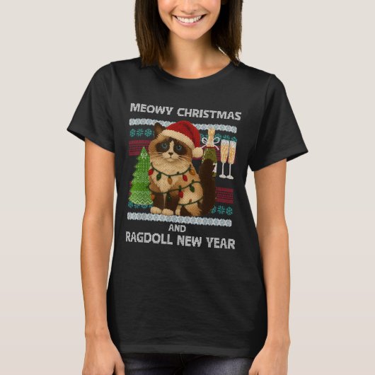 Meowy Christmas Funny Ragdoll Cat Santa Hat Ugly S T-shirt (Voorkant)