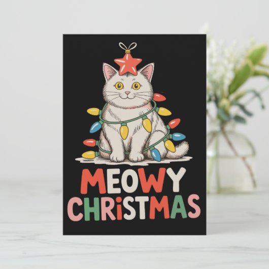 Meowy Christmas Funny Schattige Cat Xmas Lights Va Feestdagenkaart (Staand voorkant)