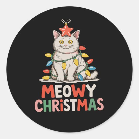 Meowy Christmas Funny Schattige Cat Xmas Lights Va Ronde Sticker (Voorkant)