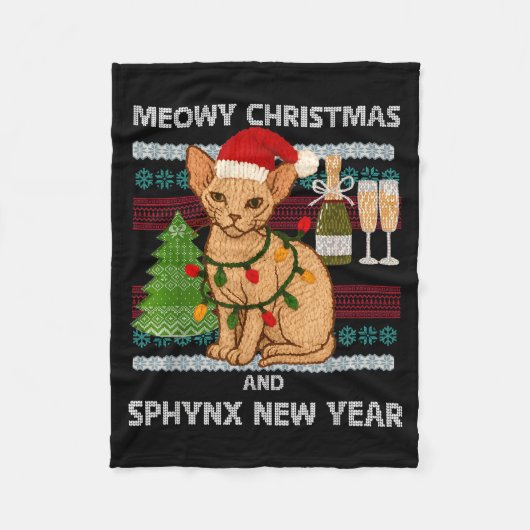 Meowy Christmas Funny Sphynx Cat Santa Hat Ugly Sw Fleece Deken (Voorkant)