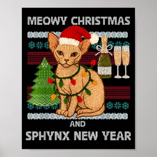 Meowy Christmas Funny Sphynx Cat Santa Hat Ugly Sw Poster (Voorkant)