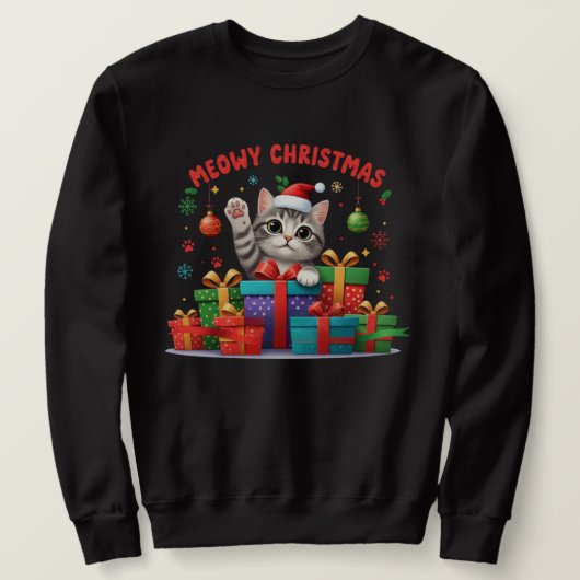 Meowy Christmas Gift Cat – Cute Holiday T-Shirt (Design voorkant)